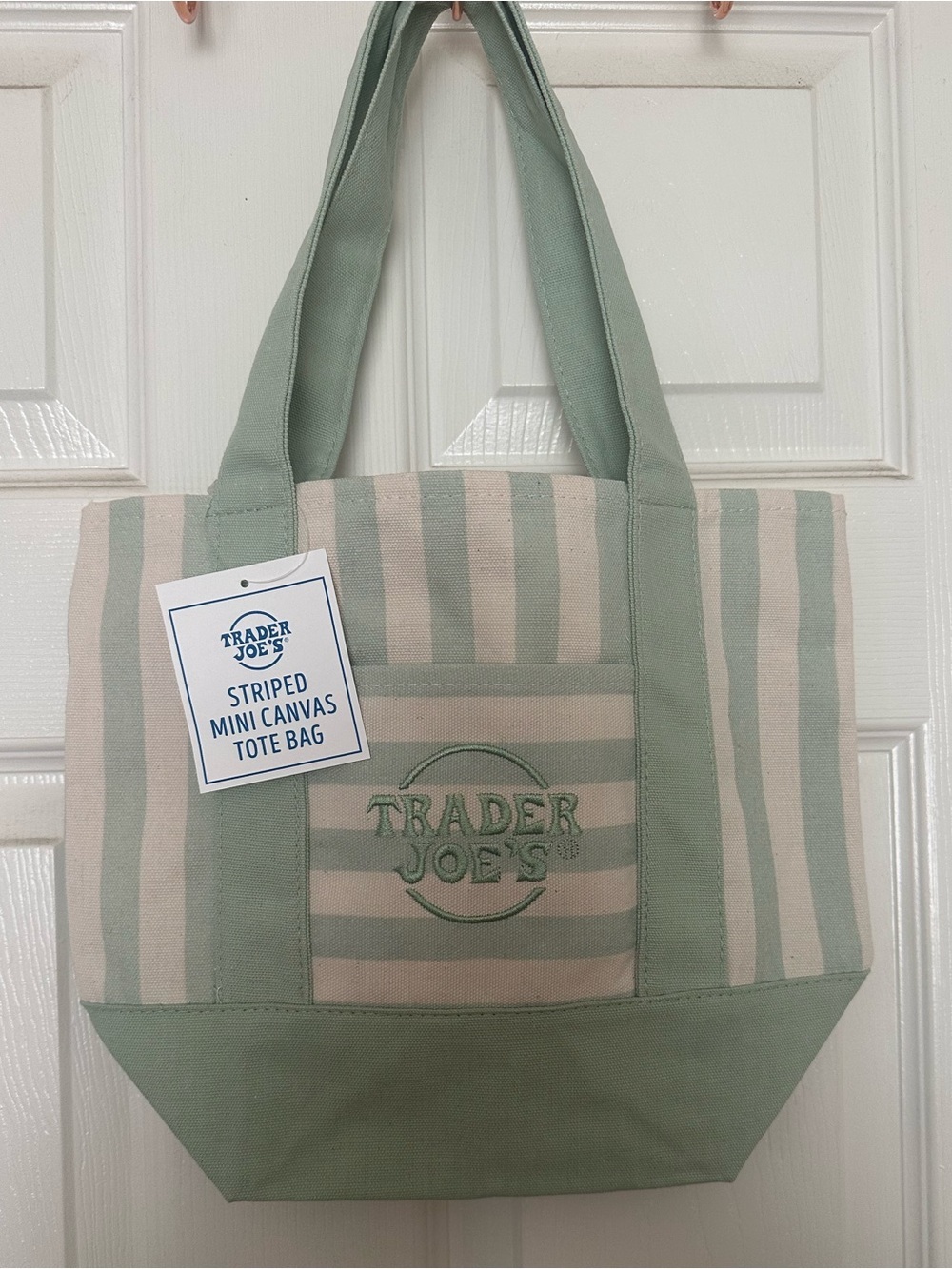 Trader Joes NWT Mini Canvas Striped Tote Bag Pastel Green Summer Edition!
